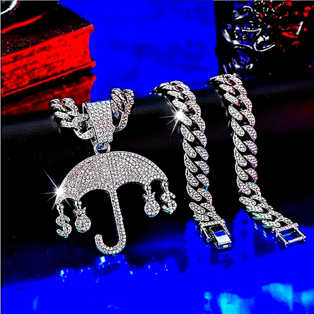 Iced out Women's elegant unisex umbrella pendant with cuban link necklace